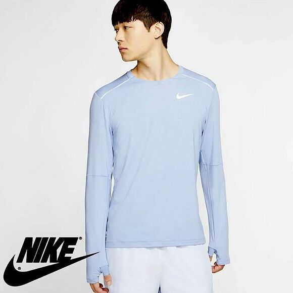 Nike Running DRI-FIT Element 3.0 Light Blue Long Sleeve Crew Shirt Thumbholes Sm - Picture 1 of 8